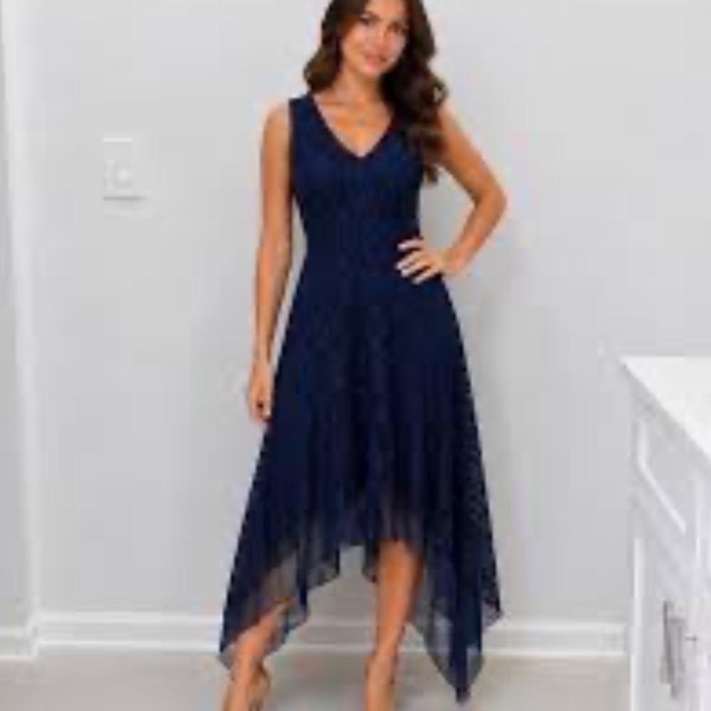 AUW Royal Blue Lace Handkerchief Hem Midi Dress Womens Sz 8 V-Neck